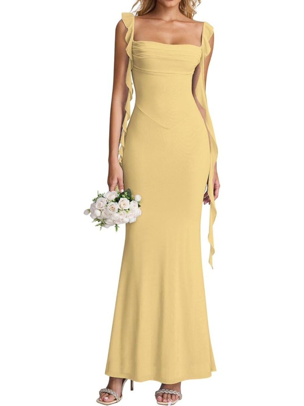 Women's Yellow Boat Neck Elegant Ruffle Bodycon Formal Cocktail Maxi Dress